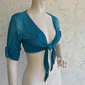 TEMPO Paris Crop Top NWT $154 Blue Stretch Knot Tie Front Size S